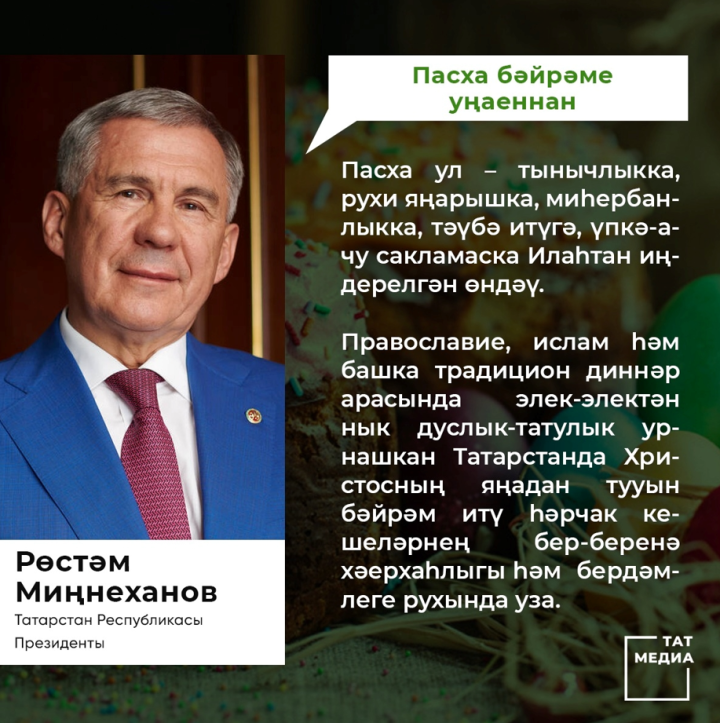 Татарстан Республикасы Президенты Рөстәм Миңнеханов Пасха бәйрәме уңаеннан котлау сүзләре җиткерде